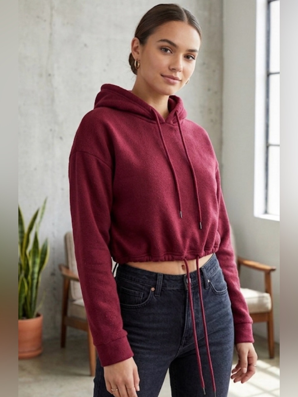 Burgundy Crop Top  Adjustable Hoodie S